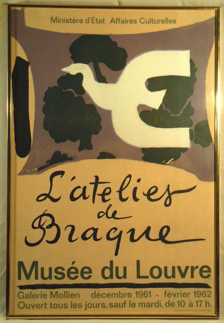 Georges Braque, L'Atelies de Braque : A lithographic poster by French artist Georges Braque (1882-1963) for an exhibition at the Musee de Louvre. Lithograph measures 28 1/2" x 19 1/4."