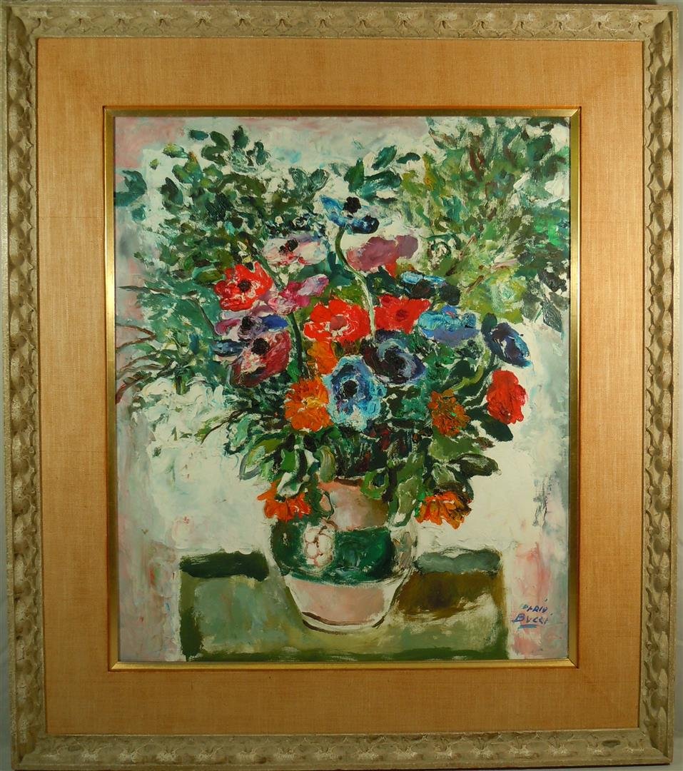 Mario Bucci, Oil on Canvas: Oil on canvas by Italian artist Mario Bucci (1903-1970). Artist signed on bottom right side (see photo) and artist information shown on label on verso (see photo). Painting measures 23" x 19."