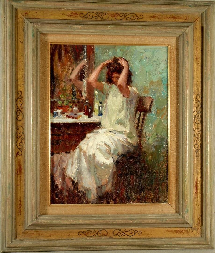 Gerald Lydon Merfeld, Oil on Masonite: Oil on masonite by American artist Gerald Lydon Merfeld (1936-). The painting is signed "Merfeld" on bottom right side (see photo) and measures 11 1/2" x 8 1/2."