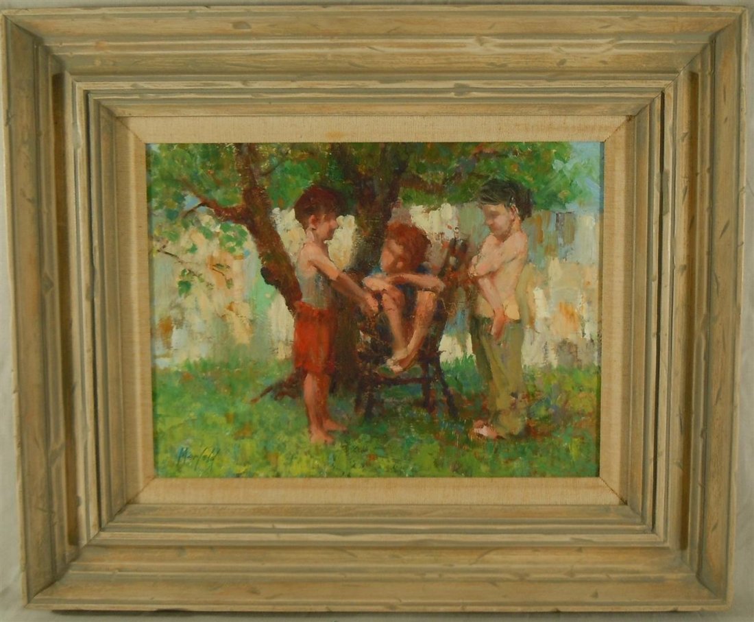 Gerald Lydon Merfeld, Oil on Masonite: Oil on masonite of three young boys by American artist Gerald Lydon Merfeld (1936-). The painting is signed "Merfeld" on bottom left side (see photo) and measures 8 3/4" x 11 1/2."