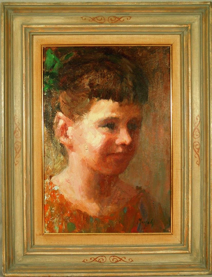 Gerald Lydon Merfeld, Oil on Masonite: Oil on masonite portrait by American artist Gerald Lydon Merfeld (1936-). The painting is signed "Merfeld" on bottom right side (see photo) and measures 11 1/2" x 8."
