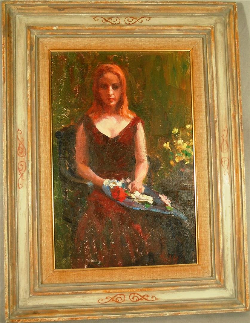 Gerald Lydon Merfeld, Oil on Masonite: Oil on masonite of a young woman holding flowers by by American artist Gerald Lydon Merfeld (1936-). The painting is signed "Merfeld" on bottom right side (see photo) and measures 12" x 8 1/4."