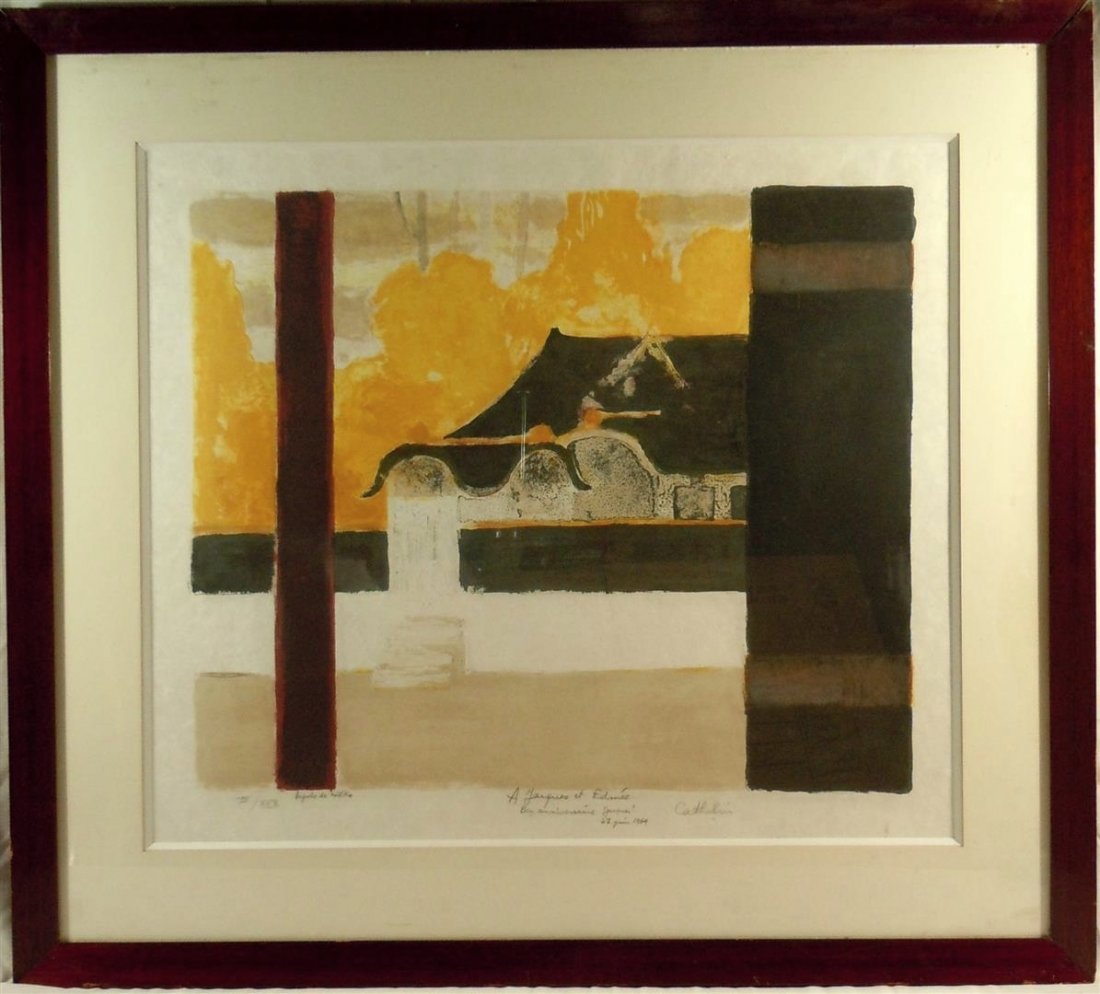 Bernard Cathelin, Pagode de Nikko : Color lithograph of the Pagode de Nikko in Japan by French artist Bernard Cathelin (1919-2004). The artist has signed the piece and written a personalized message and dated the lithograph, 1969 (see p