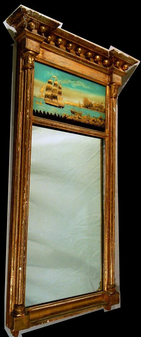 Period Federal Reverse Painted Mirror: A period federal reverse nautical scene painted mirror c. 1820. The mirror measures 37" x 20."