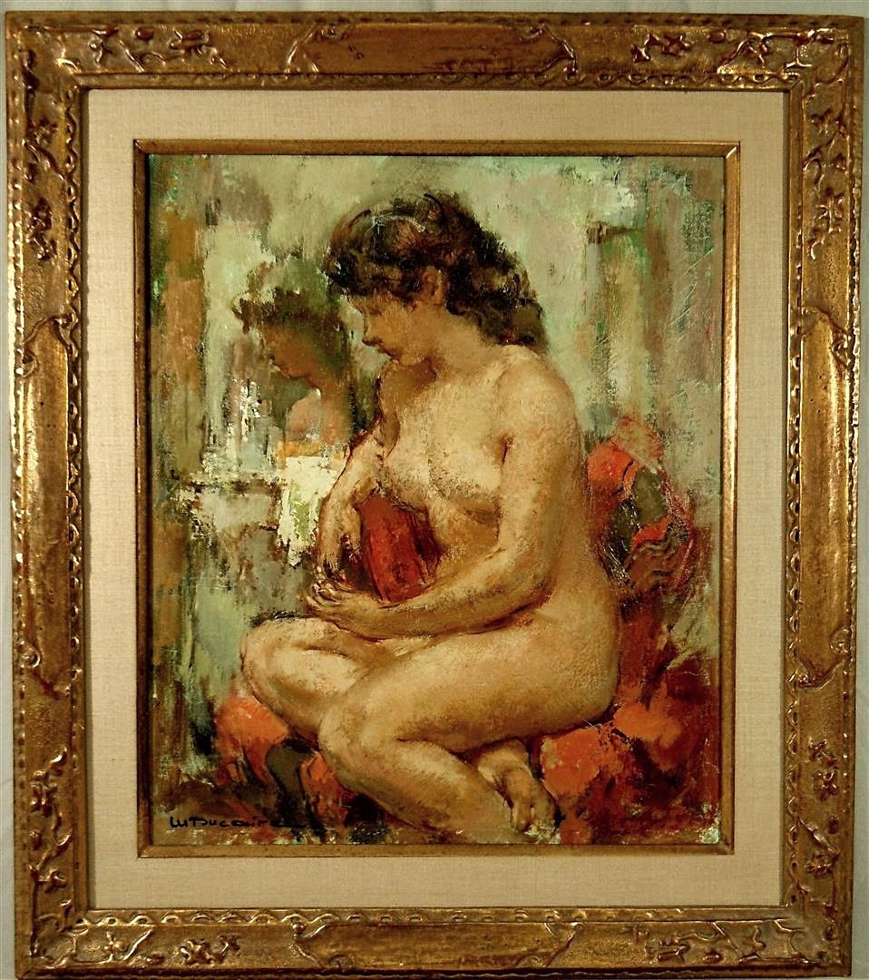 Maryse Ducaire-Roque, Oil on Canvas: Oil on canvas of female nude by French artist Maryse Ducaire-Roque (1911-1992). The painting is signed on the bottom left side (see photo) and measures 21"x 17 1/2."