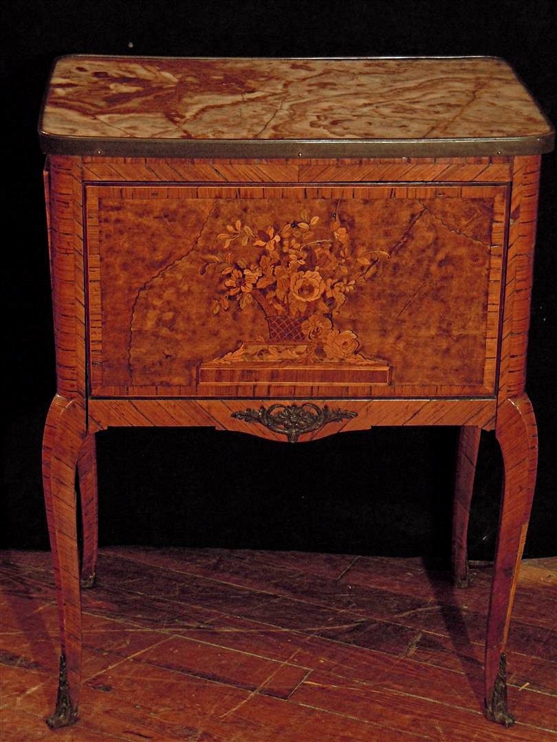 19thc. French Marquetry Marble Top Stand: 19th French Marquetry Marble Top Stand stand with pull out sides and slides and bronze mounts. The stand measures 30" x 23" x 15 1/4"