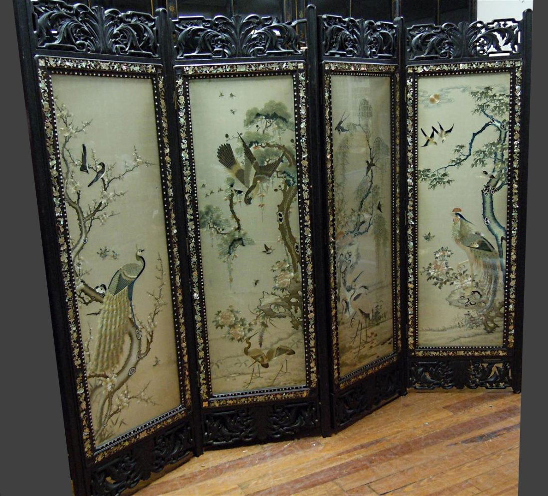 19thc 4 Panel Japanese Embroidered Carved Screen
