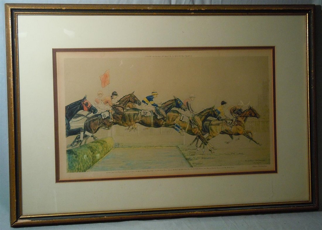 Paul Brown, Hand-Colored Engraving: Hand-colored engraving depicting "The Water Jump in the Grand National of 1931" by American artist Paul Brown for Polo Magazine (see photo). Engraving is signed in pencil and measures 7 3/4" x 19."