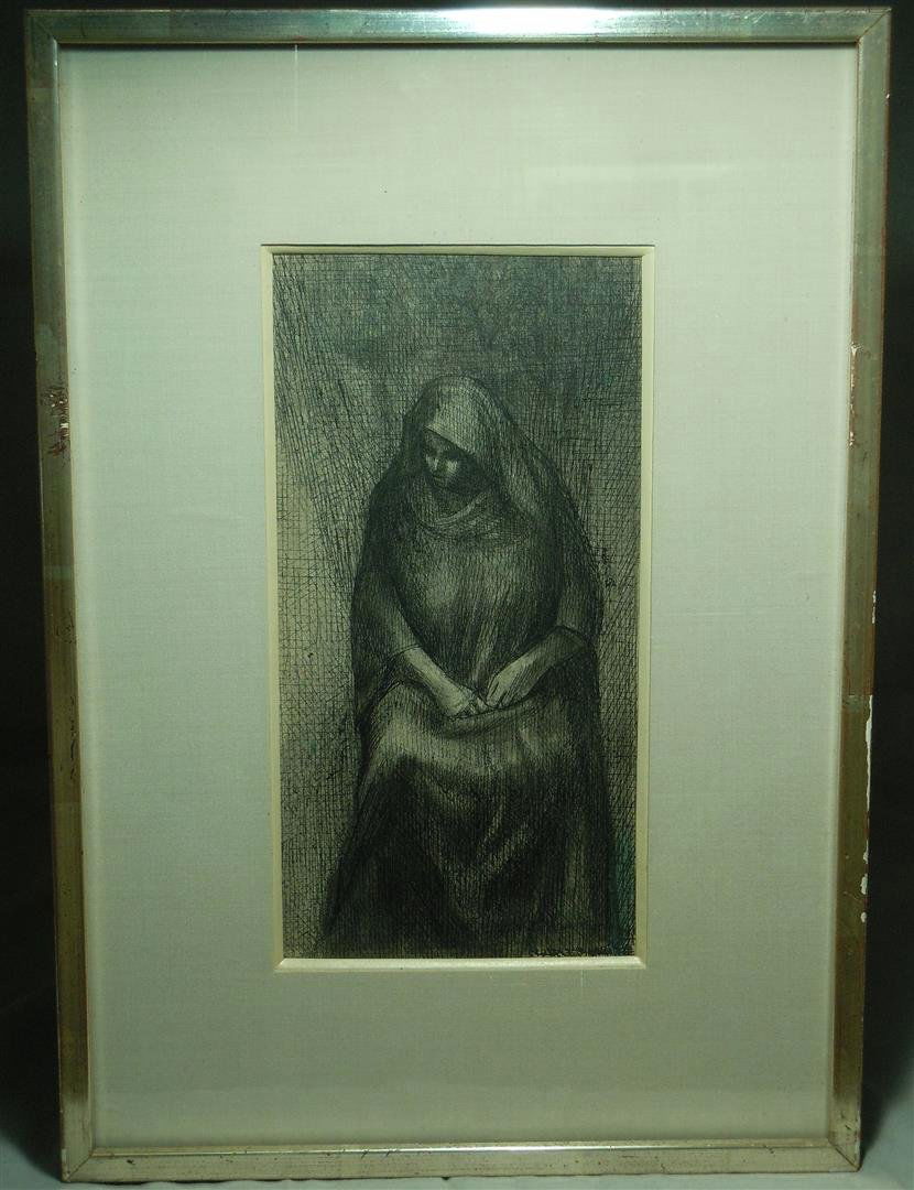 Charles White Lithograph: Lithograph by Charles White with colored blue wash added. Lithograph is signed in ink and titled, "Woman July 1965" on verso (see photo). Lithograph was sold through Heritage Gallery in Los Angeles. T