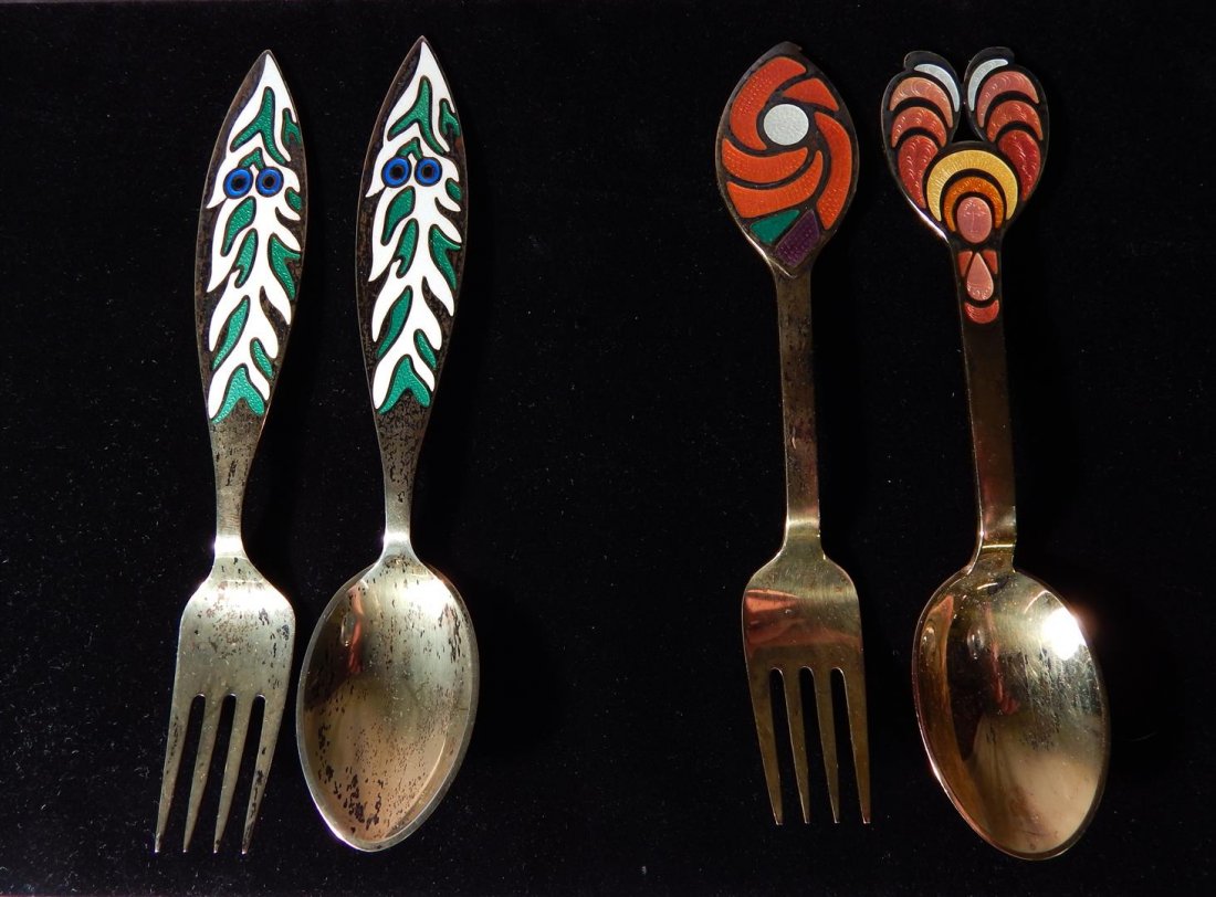 Group of Enamel & Silver A. Michelsen Spoons: Group of four enamel and sterling silver A. Michelsen Denmark spoons. All spoons are marked on back (see photos). Total gross weight is: 5.66 T.O.