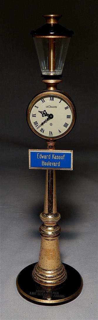 Jaeger LeCoultre Street Lamp Table Clock: Jaeger LeCoultre "Edward Kasouf Boulevard" street lamp table clock. Clock was given as an award for the "Hiram Walker Line Builders" in 1964 (see photo). The clock measures 11 1/4"H.