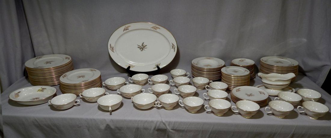 Lenox China Service, "Harvest": Lenox China service (120 pieces) in the "Harvest" pattern consisting of: 18 dinner plates, 12 lunch plates, 17 salad plates, 6 soups, 17 cups & saucers, 1 platter, 1 gravy boat, 12 soup bowls, 18 dess