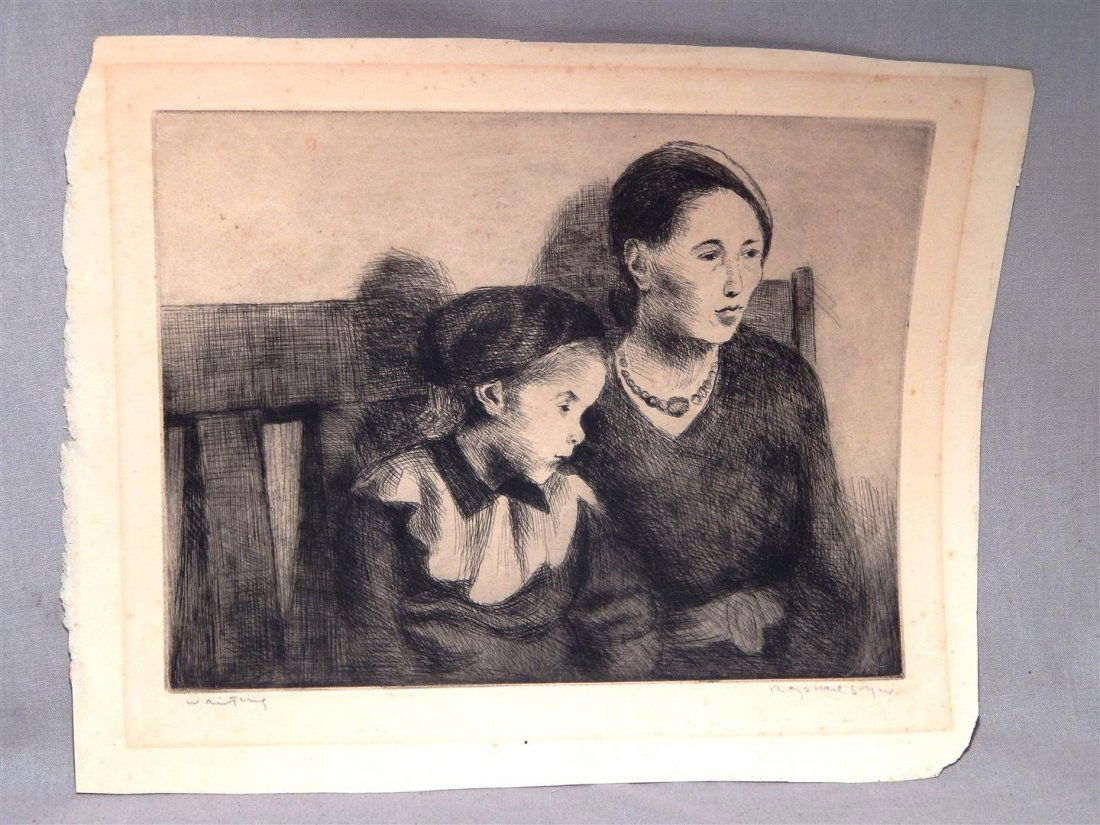 Raphael Soyer, Etching: Etching entitled, "Waiting" by American artist Raphael Soyer (1899-1987). The etching is pencil signed on the bottom right side (see photo) and the title is on the bottom left side (see photo). The et