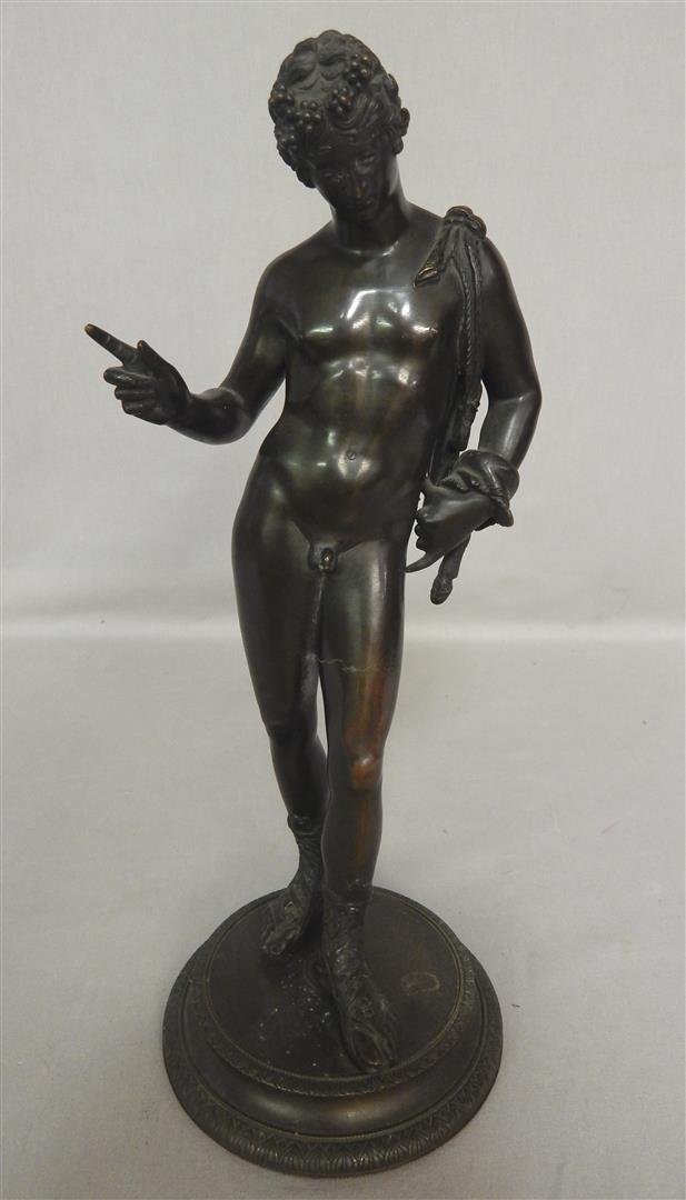 Bronze Sculpture after the Antique, Narcissus: A high quality bronze statue of "Narcissus" based on the original found in Pompei in 1862. The bronze is artist signed (see photo) and measures 14 3/4"H.
