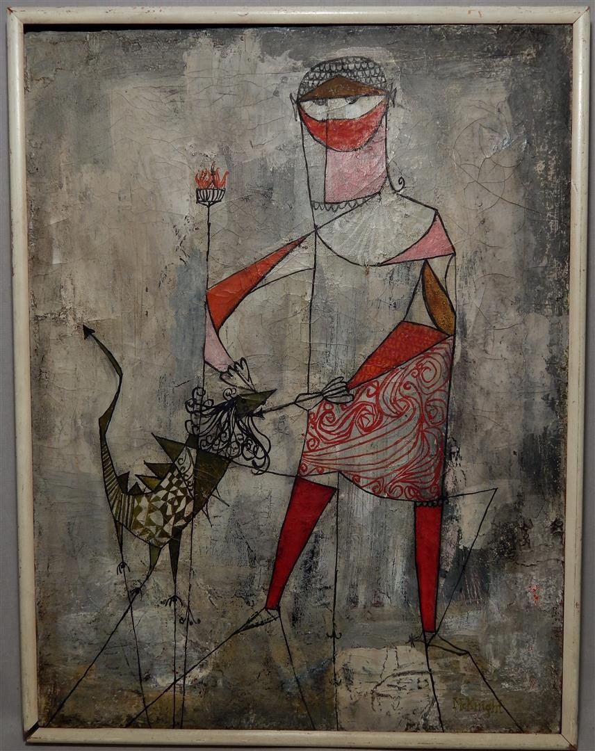 Thomas McKnight, American Oil On Canvas St. George: Oil on canvas by American artist Thomas McKnight (1941-) entitled "St George and the Dragon." The painting is signed on the bottom right side (see photo) and measures 23" x 17 1/2." The title is on ve