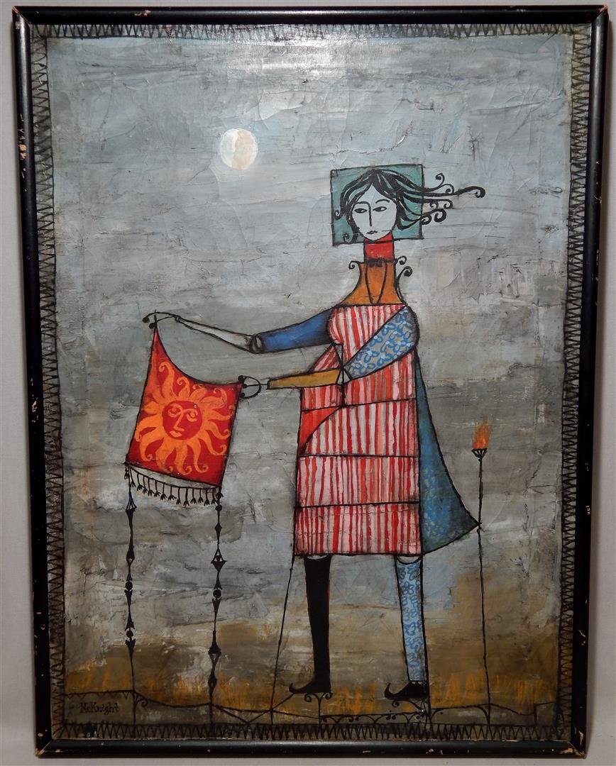 Thomas McKnight, American Oil on Canvas Ishtar: Oil on canvas by American artist Thomas McKnight (1941-) entitled "Ishtar." The painting is signed on the bottom left side (see photo) and measures 23 1/2" x 17 1/2." The title is on verso and the pai
