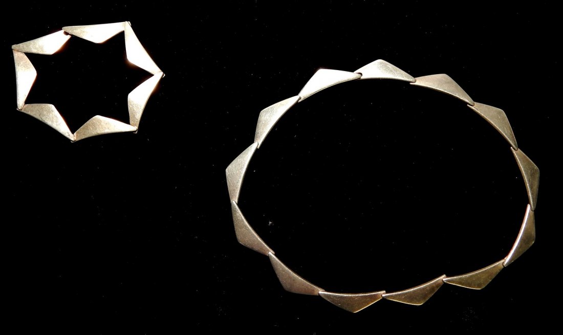 Hans Hansen Sterling Bracelet and Necklace: Hans Hansen sterling bracelet and necklace marked "925S Denmark" and artist signed (see photo). Total gross weight is: 1.72 T.O.