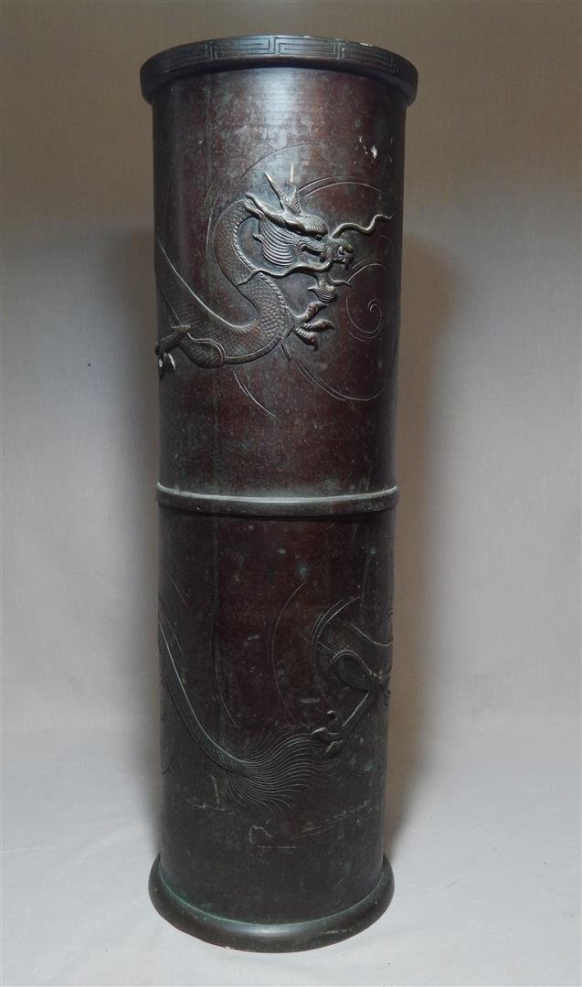 Japanese Bronze Umbrella Stand: Japanese bronze umbrella stand with dragons measuring 23 1/2"H.