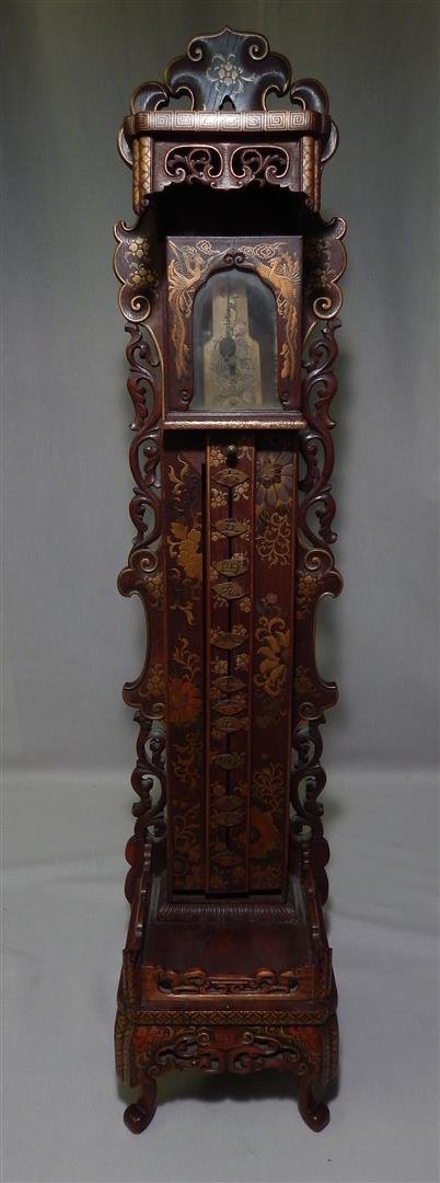 Fancy Carved Japanese Stick Clock: Fancy carved japanese stick clock 19thc measuring 33" x 7" x 8"