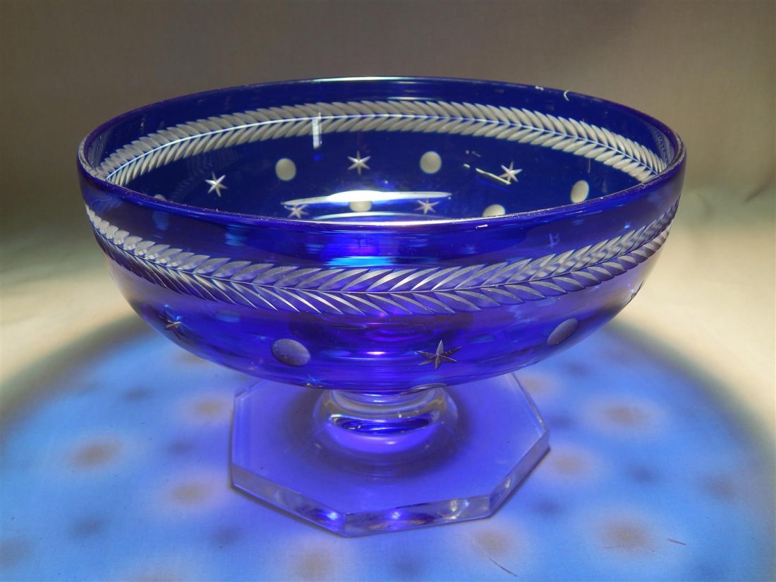 Rare Steuben Blue Glass Compote: A beautiful Steuben starry blue glass compote, unsigned, measuring 6" x 10."