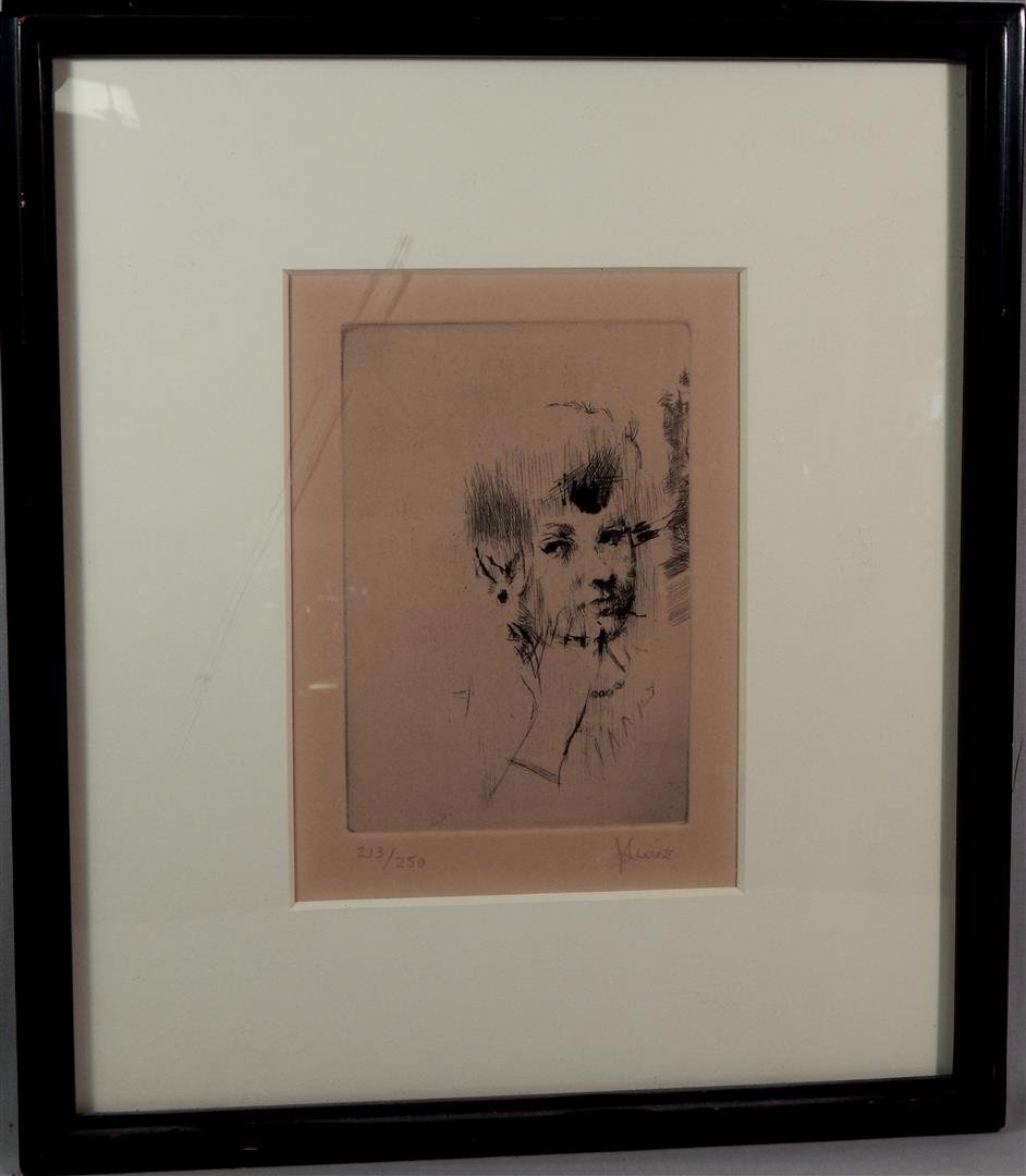 Jack Levine Etching: A portrait etching by American artist Jack Levine (1915-2010). The etching is signed on the bottom right side and is numbered 213/250 (see photos). The etching measures 9" x 6 1/2"