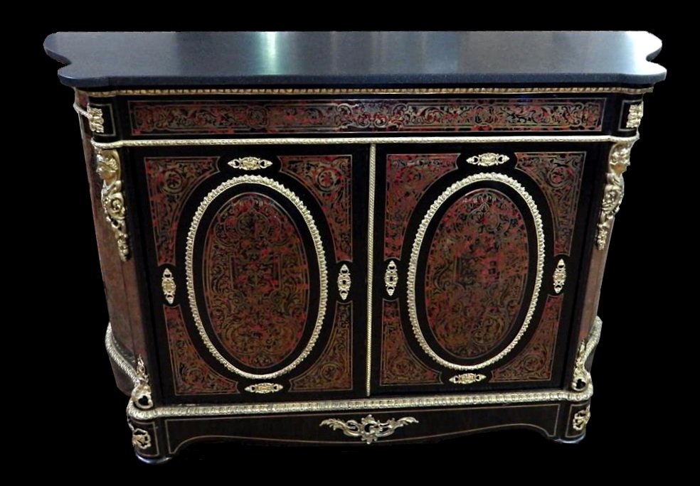 19thc Boulle and Ormolu Side Cabinet: A 19thc boulle and ormolu cabinet measuring 43 1/2 x 65" x 19".