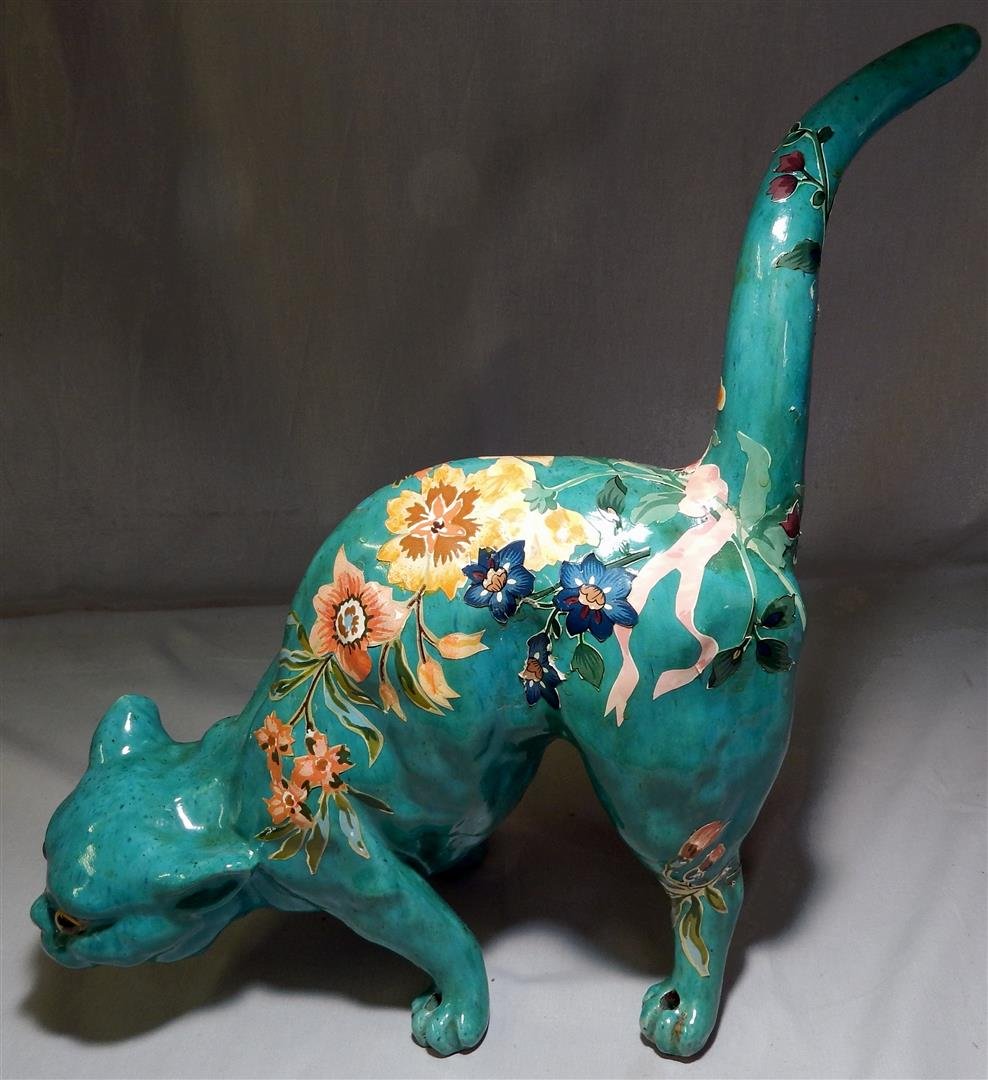 Green Ceramic & Papier Mache Cat, Galle Style: A very unique green ceramic cat with papier mache floral designs, Galle style. 16 1/2" x 15".