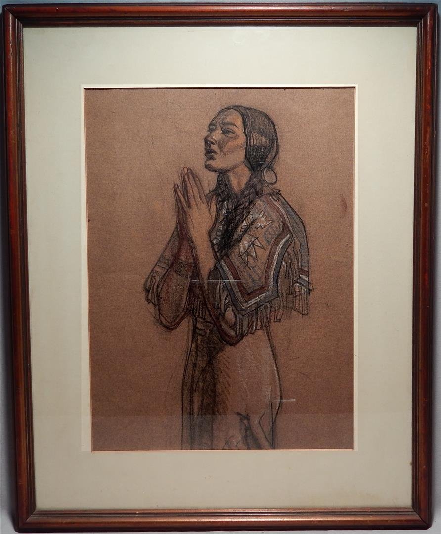Pastel of Praying Indian Woman signed Dean: A pastel depicting a praying Indian woman signed by Dean. Measures 14 3/4