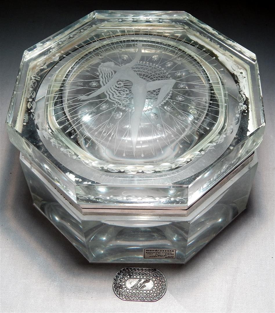 Crystal Box by Erte', Murano Glass: A crystal box by Erte, Murano Glass, measures 3 3/4" x 6 1/2".
