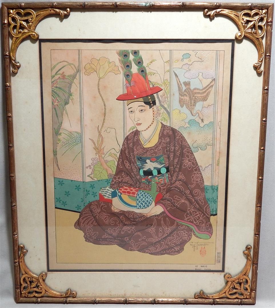 Paul Jacoulet (1902 - 1960) Woodblock Print: A woodblock print by French, Japan-based woodblock print artist Paul Jacoulet. Measures 16 1/2" x 13".