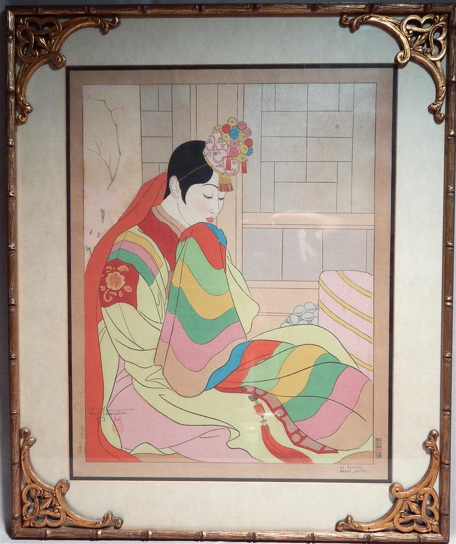 Paul Jacoulet (1902 - 1960) Woodblock Print: A woodblock print by French, Japan-based woodblock print artist Paul Jacoulet. Measures 16 1/2\" x 13\".