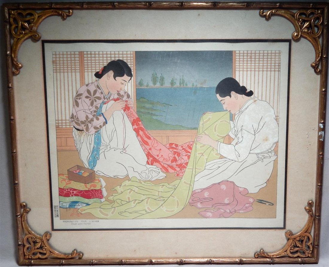 Paul Jacoulet (1902 - 1960) Woodblock Print: A woodblock print by French, Japan-based woodblock print artist Paul Jacoulet. Measures 16 1/2\\\" x 13\\\".