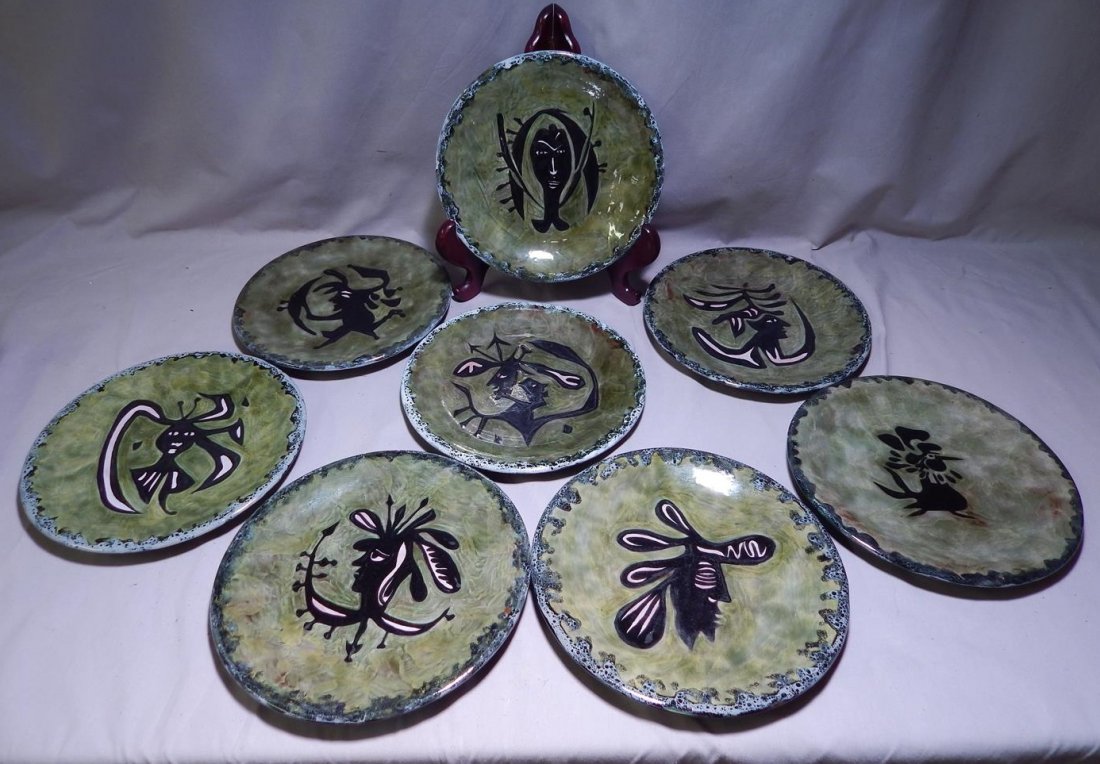Jean Lurcat Zodiac Plate Set.: A set of 8 green ceramic Zodiac plates by Jean Lurcat. Measures 9 3/4".