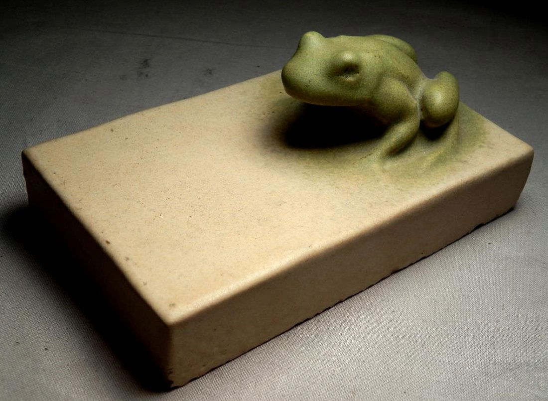 Teco American Art Pottery Frog Paperweight .: An art pottery frog paperweight, Teco. Measures 2 1/4" x 5".