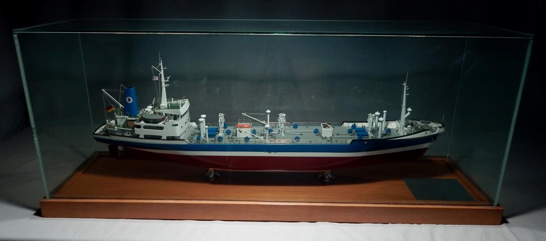 Intricate Hand Made German Ship Model.: An intricate hand made, Motortankschiff "Chemical Distributor" German ship model. Ship measures 12" x 35".