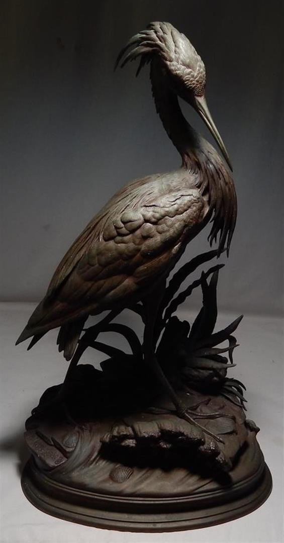 Jules Moigniez, Bronze Heron: A bronze heron in a marsh by French sculptor Jules Moigniez (1835-1894). Measures 23" x 13".