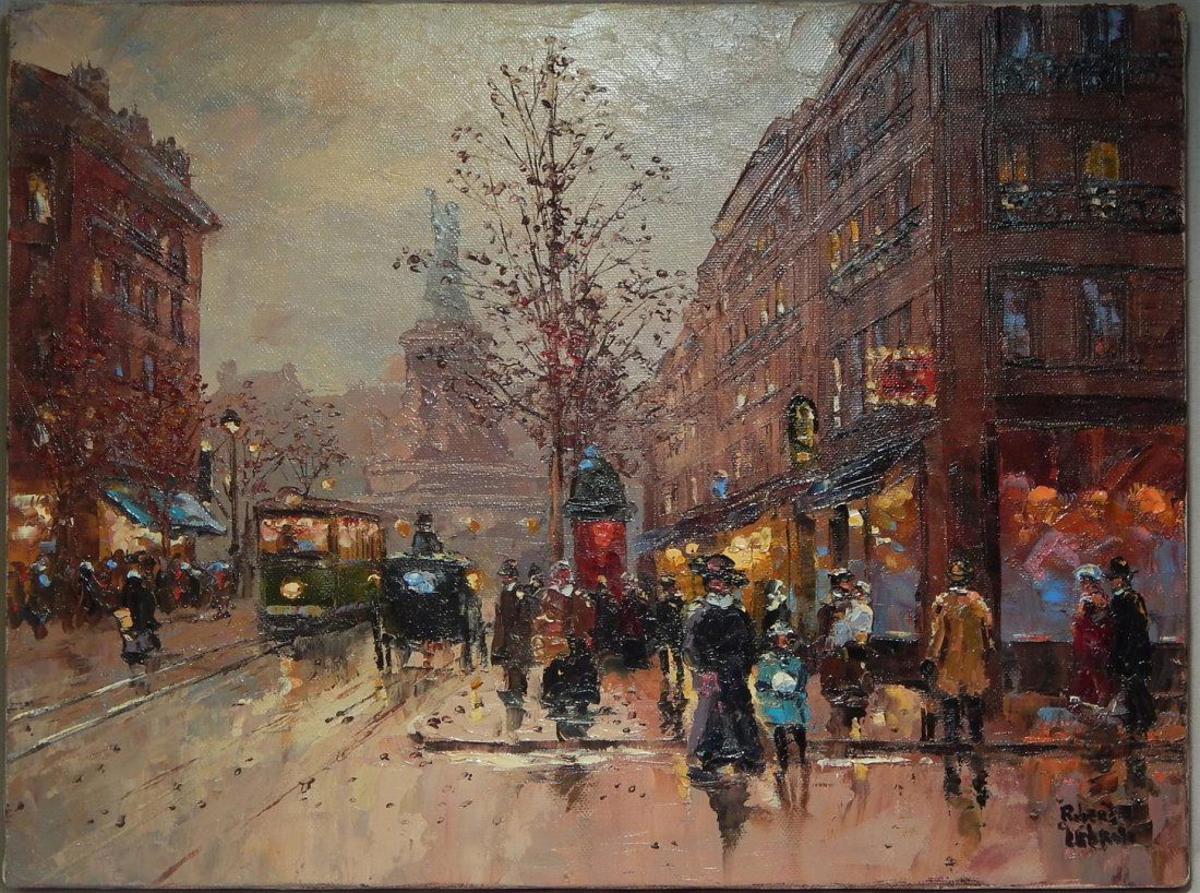 Robert Lebron, Oil Canvas, "Place de Republique" Paris: An oil on canvas, "Place de Republique, Paris" by New York artist Robert Lebron (1928 - 2014 ). Measures 12" x 6"