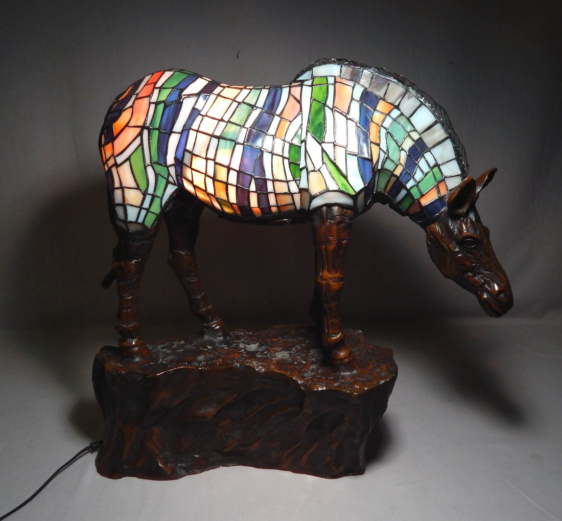Large Bronze and Stained Glass Horse Lamp