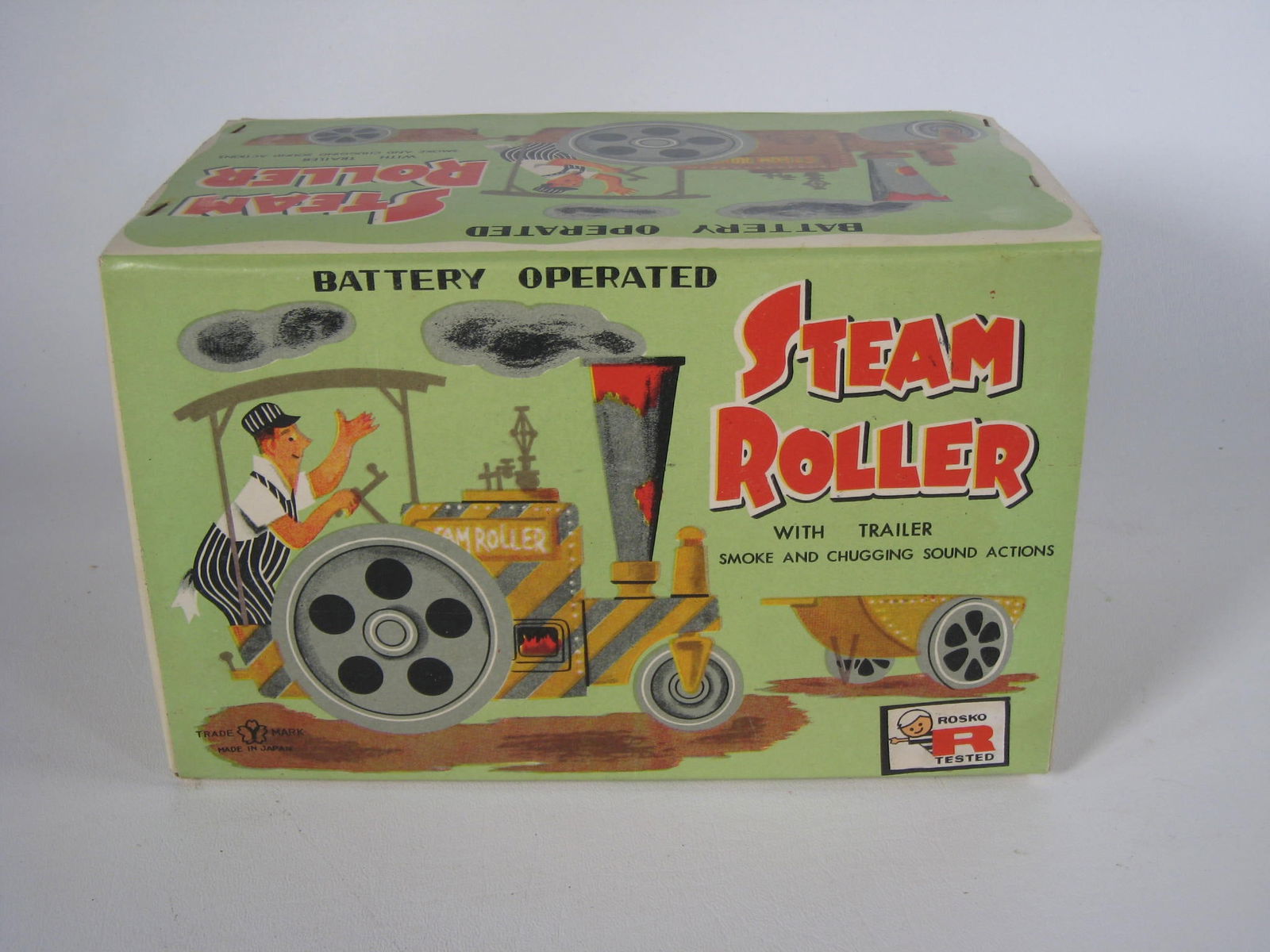 1950's Japan Rosko Steam Roller Batt. Op. Toy MIB: Amazing old store stock. Never opened or used. Bright and clean. The box is in great shape. A classic construction toy!