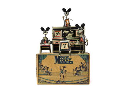 Marx ca. 1920s English Version “Marx Merry Makers&rdquo; Mouse Band Tin Litho Windup Boxed: We have for you a ca. 1920’s tin, lithographed, windup “Marx Merry Makers&rdquo; mouse band toy in box that was manufactured by Louis Marx & Company of New York City, New York in Dudley Worcesters