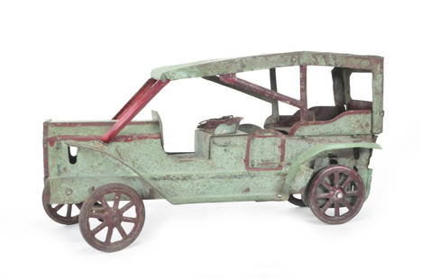 Mint Green Top Up Open Touring Steel Car 530, Dayton: Mint Green Top Up Open Touring Steel Car 530, Dayton Friction Toy Works. Toy cataloged circa 1911 and a nice early car with "ribbon roof ties". Front tires move. Length 13.75" approx. Green has touchu