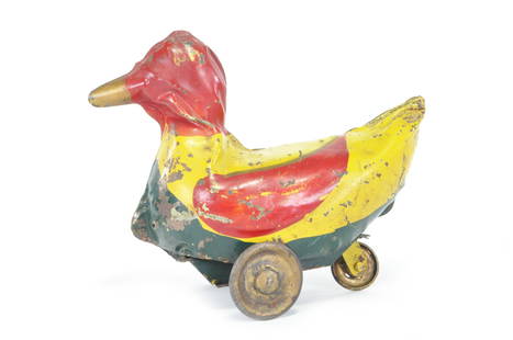 Dayton Friction Toy Works Tricky Duck 640 Pressed Steel Toy: Dayton Friction Toy Works "Tricky Duck" Catalog number 640 Pressed Steel Toy. This is the second duck version cataloged circa 1912. Colorful Gold, yellow, and red folk art style hand painting. Toy