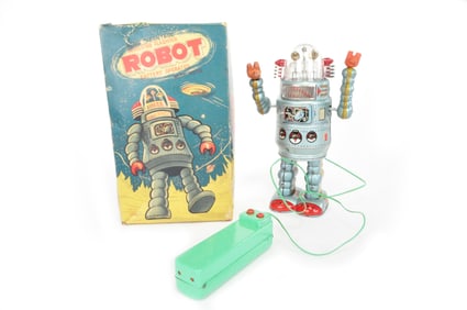 Revolving Flashing Battery Operated Remote Robot By Alps Tin B/O. 'Door Robot'