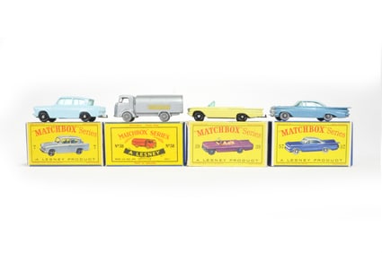 Matchbox Lot of 4 #7 Ford Anglia, #38 Refuse Wagon, #39 Pontiac Convertible, #57 Chevy Impala Boxed