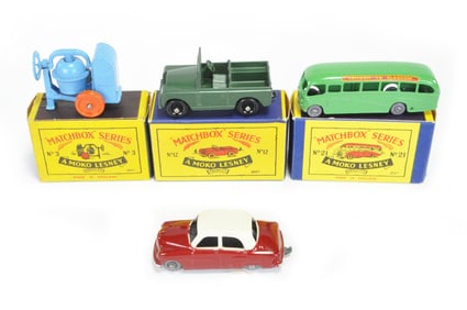 Matchbox MOKO Lot #3 Cement Mixer/#12 Land Rover/#21 Bedford Long Distance Coach/#22 Vauxhall Cresta