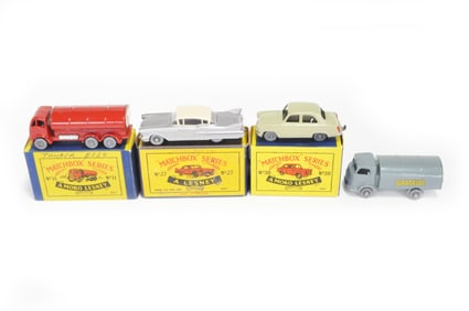 Matchbox Lot #11 Esso Petrol Tanker/#27 Cadillac New Model/#30 Ford Prefect/#38 Refuse Collector