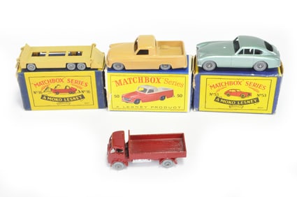 Matchbox Lot #16 Transport Trailer/#20 Maroon ERF Lorry/#50 Commer MKVII Pickup/#53 Aston Martin