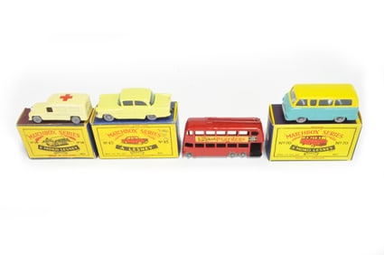 Matchbox Lot #14 Daimler Ambulance/#45 Vauxhall Victor/#56 London Trolley Bus/#70 Thames Estate Car