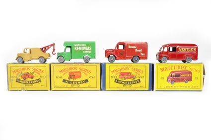 Matchbox Moko Lot #13 Bedford Wrecker/#46 Pickford's Removal Van/#47 Trojan Van/#69 Nestle Van Boxed