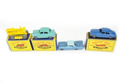 Matchbox Moko Lot #8 Caterpillar Tractor/#36 Austin A50/#57 Chevy Impala/#65 Jaguar Sedan Boxed